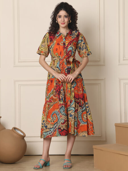 Women's Cotton Floral Print A-Line Midi Dress | Short Sleeve Flared Gown Dress