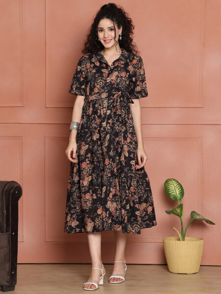 Women's Cotton Printed A-Line Midi Dress | Short Sleeve Flared Gown Dress (Multti Color1-M)
