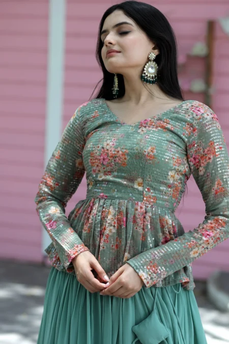 Premium Faux Georgette Lehenga with Floral Print & Sequins Embroidered Blouse